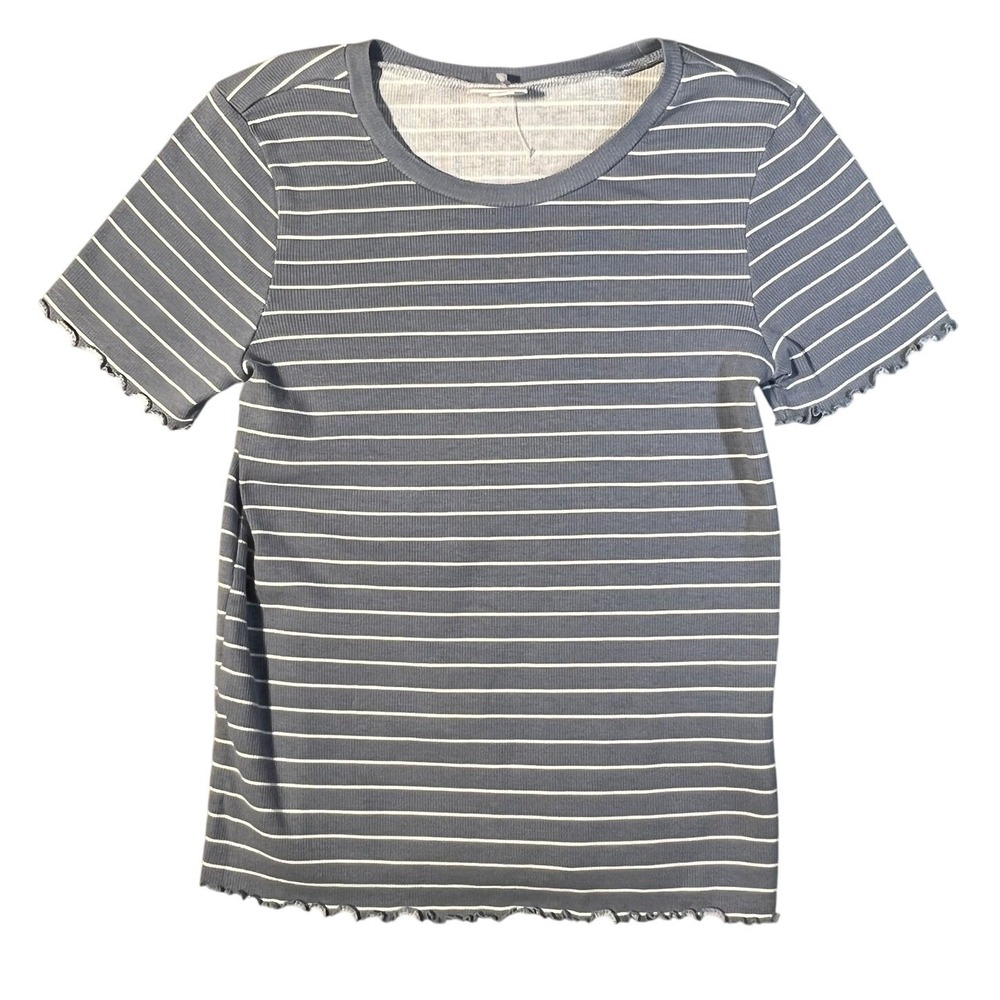 LuLaRoe Women's M Blue White Striped Ribbed Ruffle Hem Short‎ Sleeve T-Shirt Top